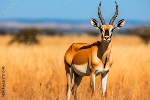 a gazelle standing in a field of tall grass
 photo