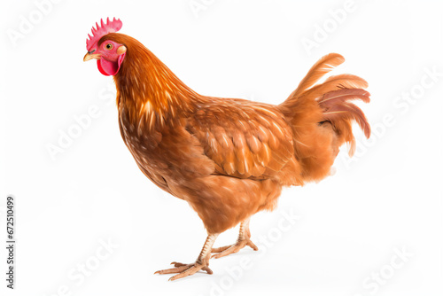 a chicken with a red comb standing on a white surface 