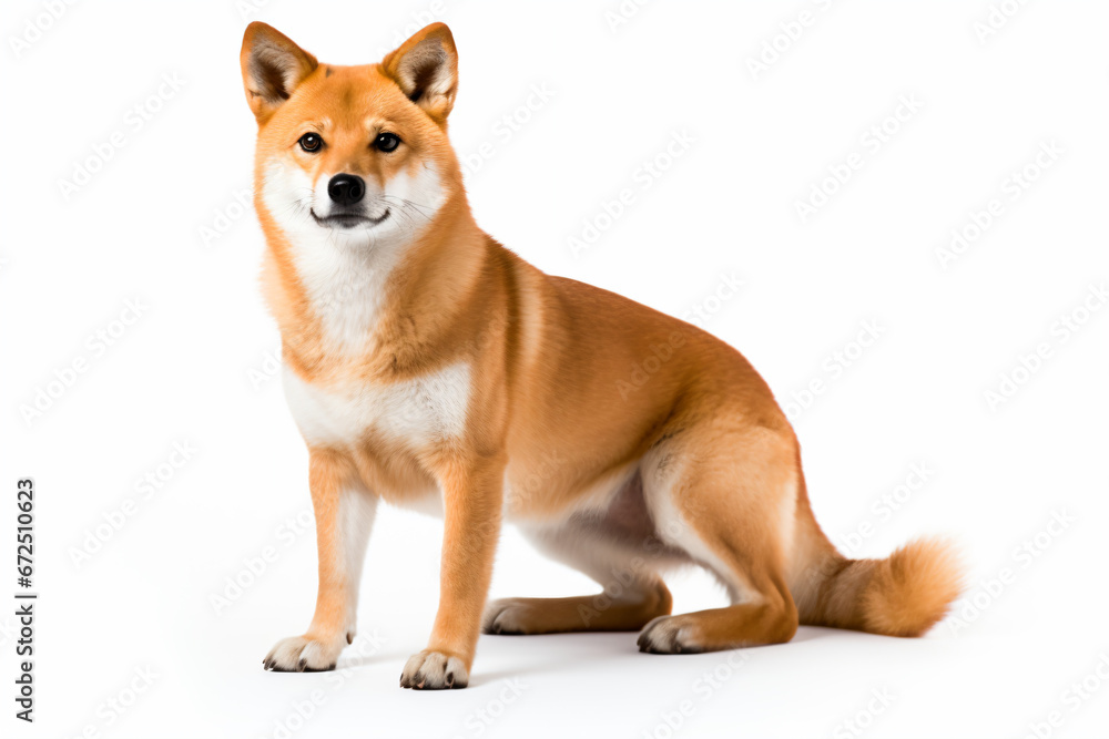 a dog sitting on a white surface with a white background
a dog sitting on a white surface with a white background