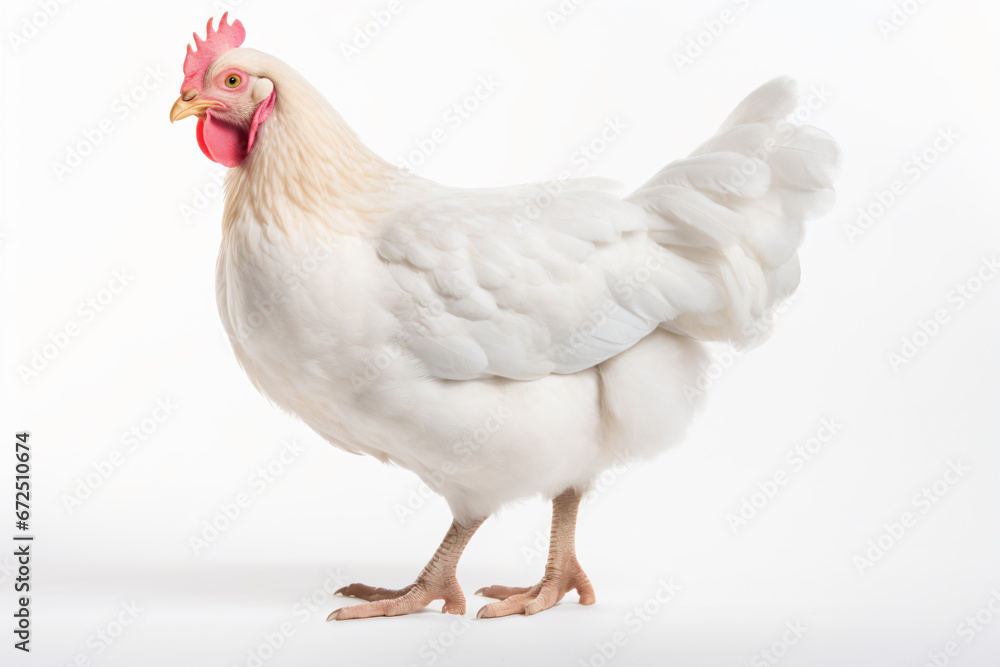 Fototapeta premium a white chicken with a red comb standing on a white surface 