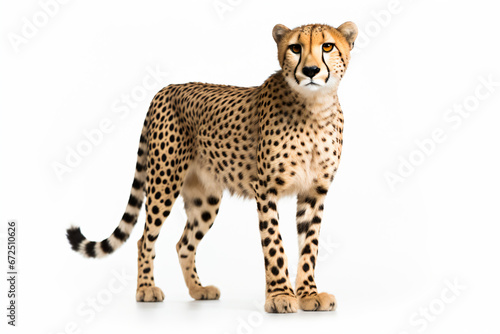 a cheetah standing on a white surface 