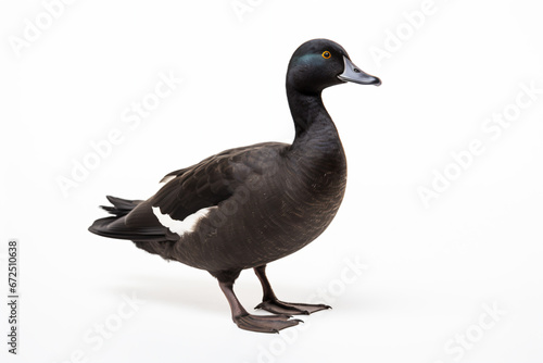 a duck standing on a white surface with a white background
