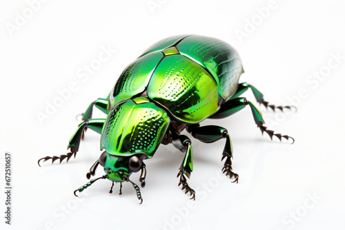 a green beetle is sitting on a white surface 