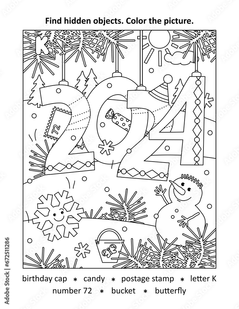 Year 2024 hidden objects, or seek and find, picture puzzle and coloring page activity sheet
