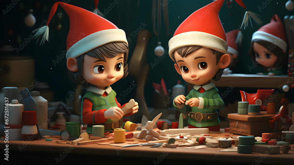 A pair of cute Christmas elves making toys - obrazy, fototapety, plakaty 