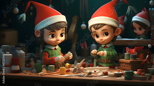 A pair of cute Christmas elves making toys