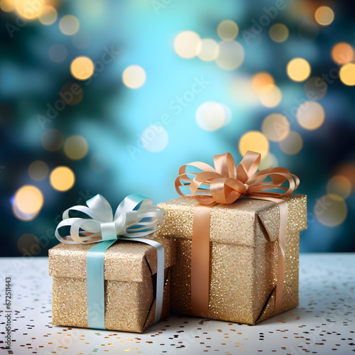 Two shiny gold gift boxes, blurred background