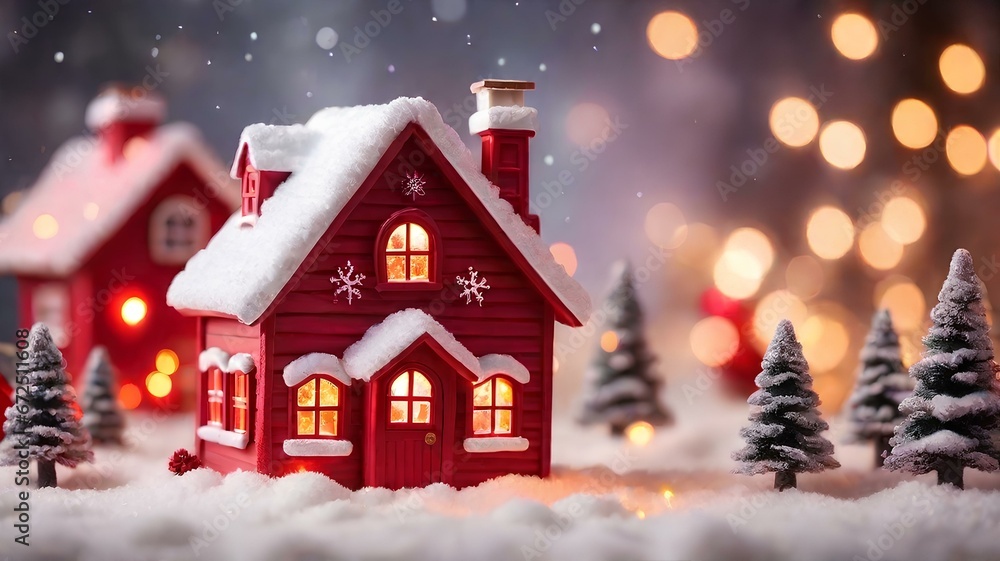 メリークリスマスのコンセプト、キラキラのイルミネーション背景、雪の積もった小さな赤い家|Merry Christmas concept. Glitter illumination background. A small red house covered in snow. Generative AI メリークリスマスのコンセプト、キラキラのイルミネーション背景、雪の積もった小さな赤い家|Merry Christmas concept. Glitter illumination background. A small red house covered in snow. Generative AI