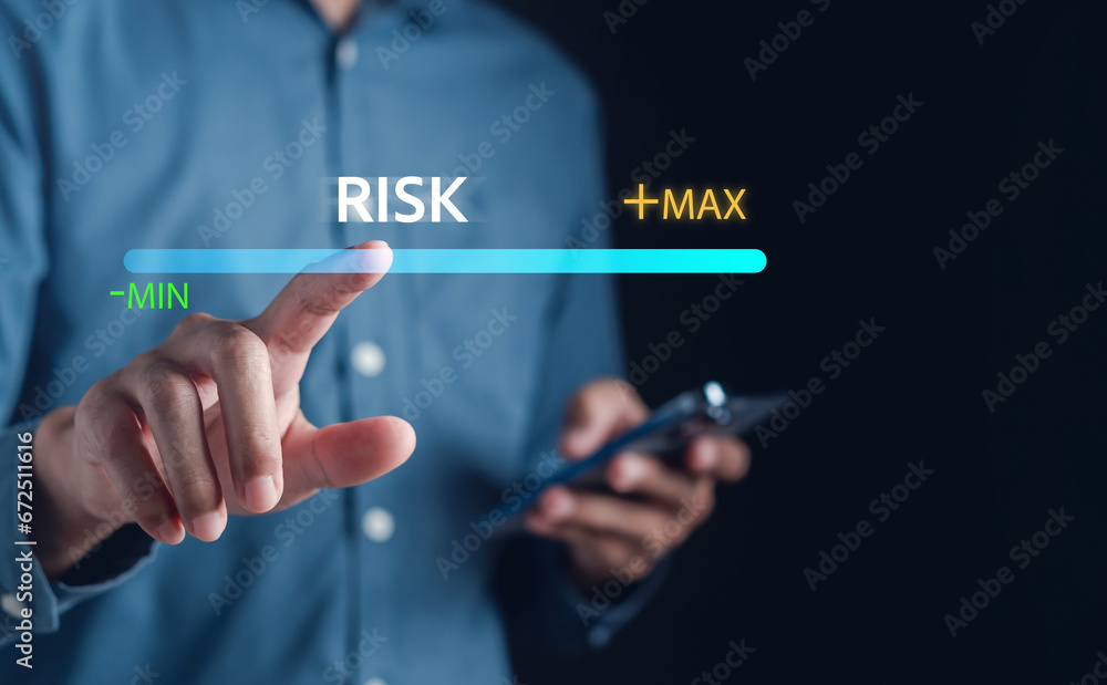 High Risk of Business decision making and risk analysis. Measuring level bar virtual, Risky business risk management control and strategy. High Risk of Business decision making and risk analysis. Measuring level bar virtual, Risky business risk management control and strategy.
