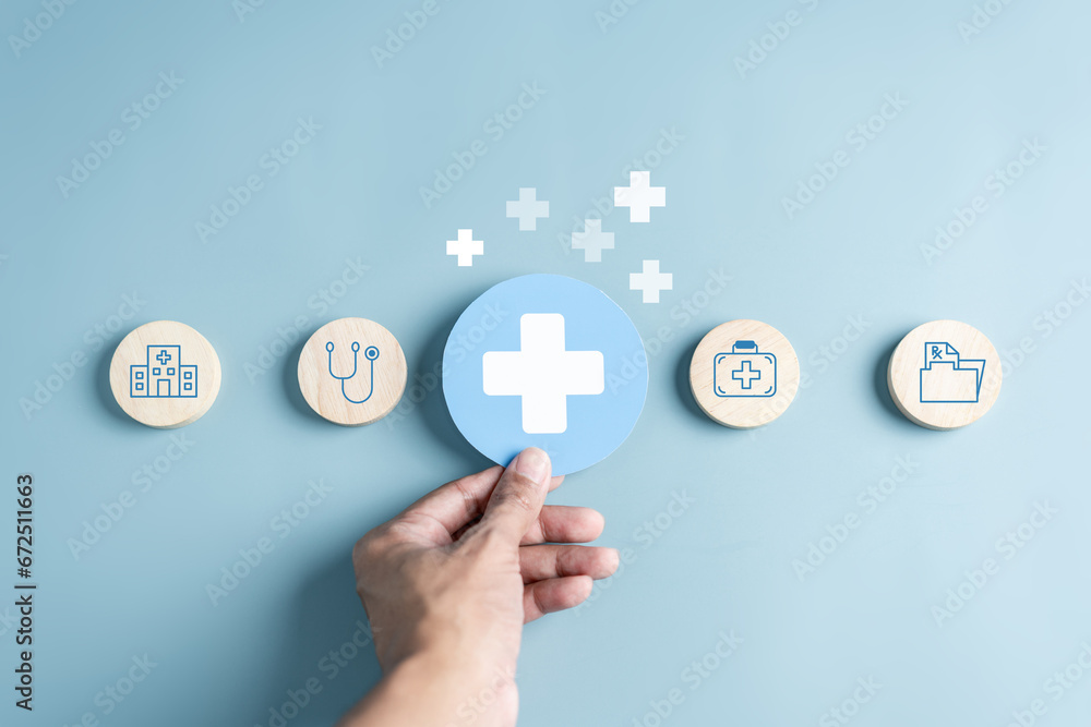 Health insurance and medical welfare concept. people hands holding plus symbol and healthcare medical icon, health and access healthcare. - obrazy, fototapety, plakaty 