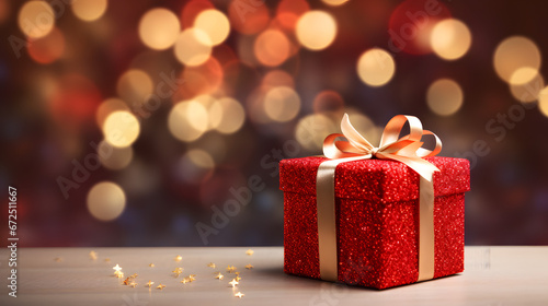 Beautiful shiny red gift box with a golden ribbon, blurred background