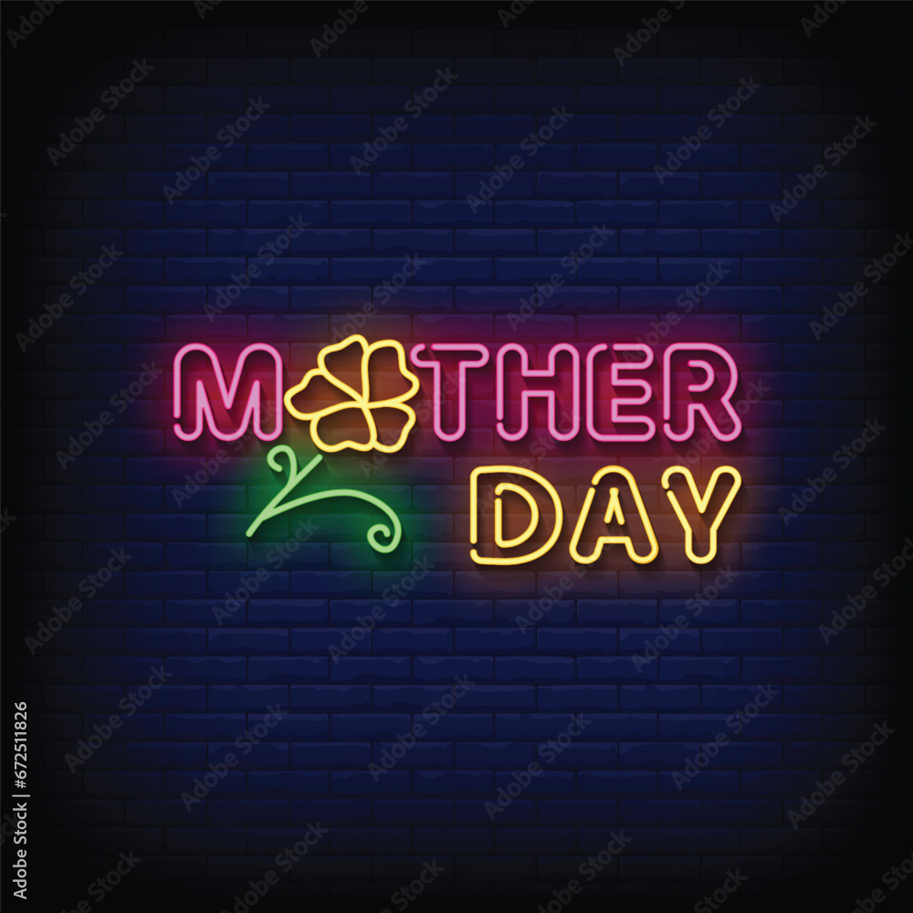 Neon Sign mother day with brick wall background vector