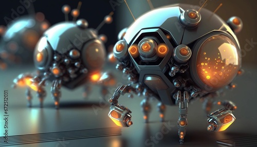AI-generated illustration of robotic figures with glowing orange eyes in motion.