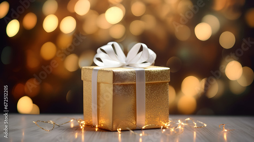 Golden gift box with white bow, blurred background