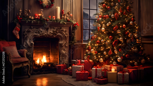 Cozy Christmas tree by the fireplace