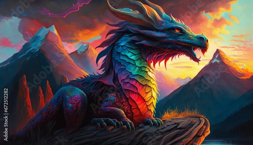 AI-generated illustration of a majestic dragon in rainbow colors perched atop a rocky mountain.