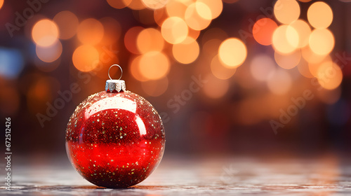 Red shiny Christmas ornament, blurred background with copy space
