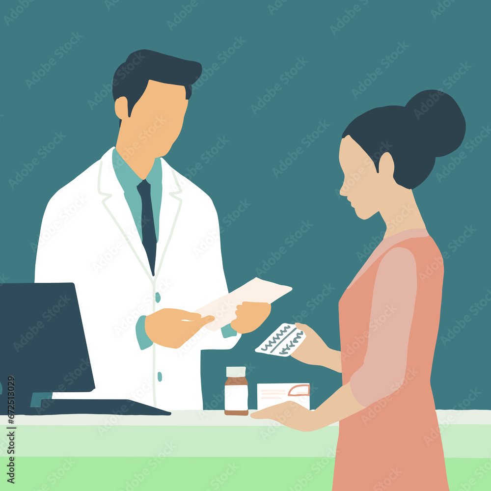 A doctor is handing over a prescription to a female patient who is holding medication. A doctor is handing over a prescription to a female patient who is holding medication.