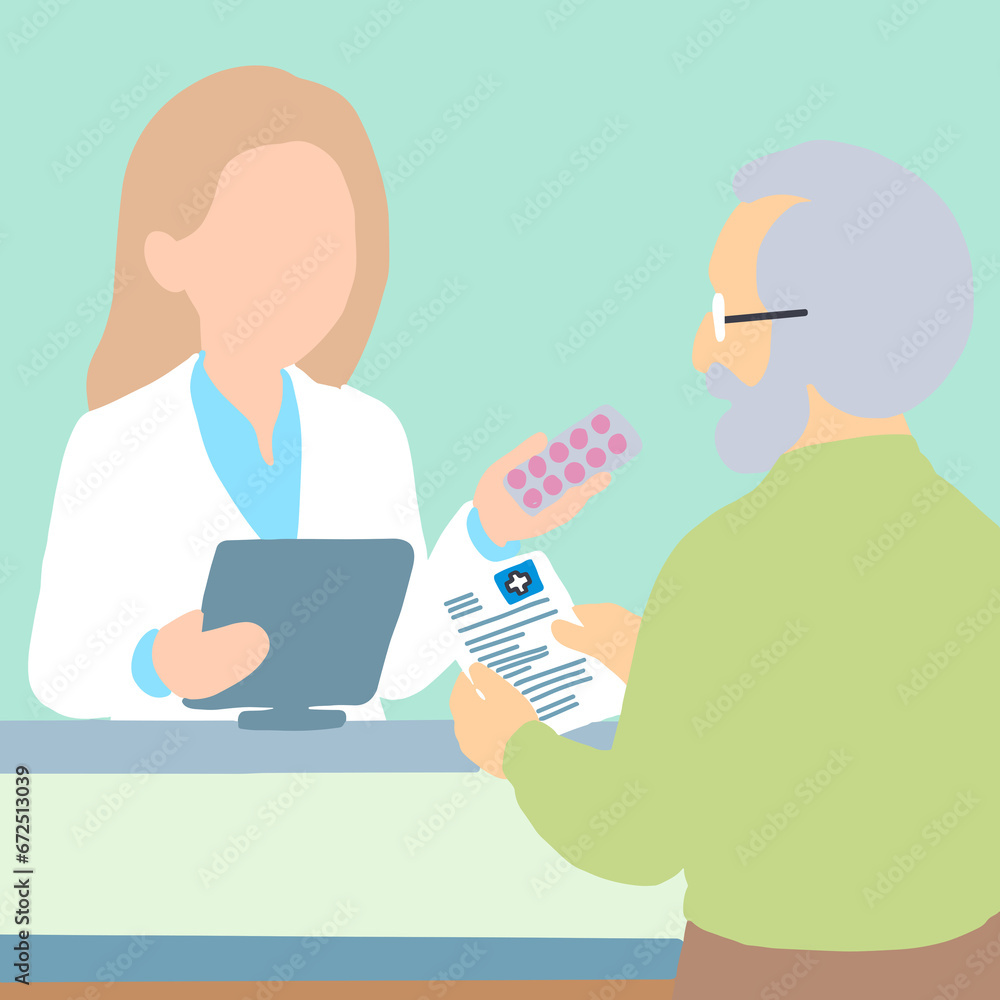 A pharmacist is giving medication to an elderly person. A pharmacist is giving medication to an elderly person.