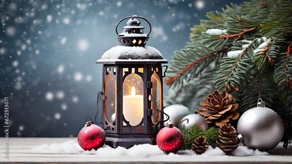 Christmas Lantern on Snowy Table with Fir Branches and Ornaments - Festive Holiday Decoration