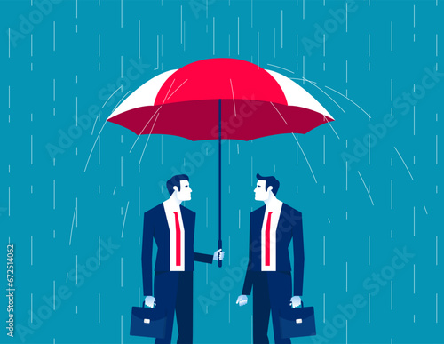 Leader cover from rain with partner show help. Business assistance vector illustration