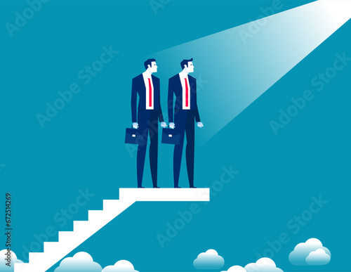 Partner teammates standing together on ladder looking in one direction feeling successful. Business team vector concept