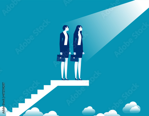 Partner teammates standing together on ladder looking in one direction feeling successful. Business team vector concept