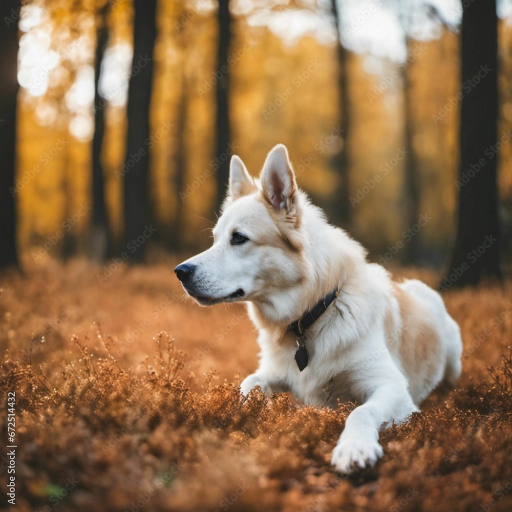 AI generated illustration of an adorable white dog resting in a lush field of grass AI generated illustration of an adorable white dog resting in a lush field of grass