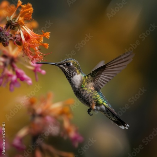 Vibrant hummingbird flutters close to the lush flora, AI-generated.