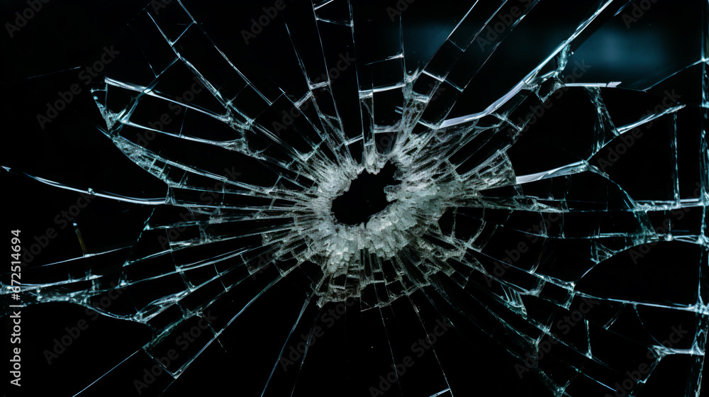 a broken glass window with a hole in it a broken glass window with a hole in it