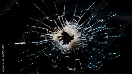 a bullet hole in a glass window with a black background photo