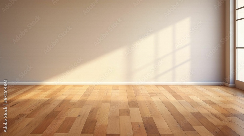 Airy and spacious room with natural light streaming in, featuring a wide wooden floor, AI-generated.