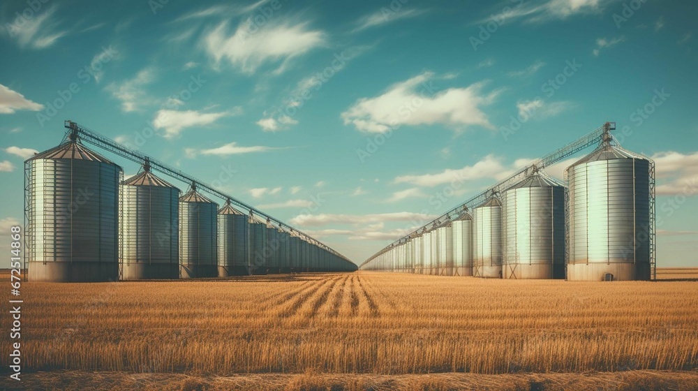 Scenic view of grain elevators set against an expansive wheat field, AI-generated.