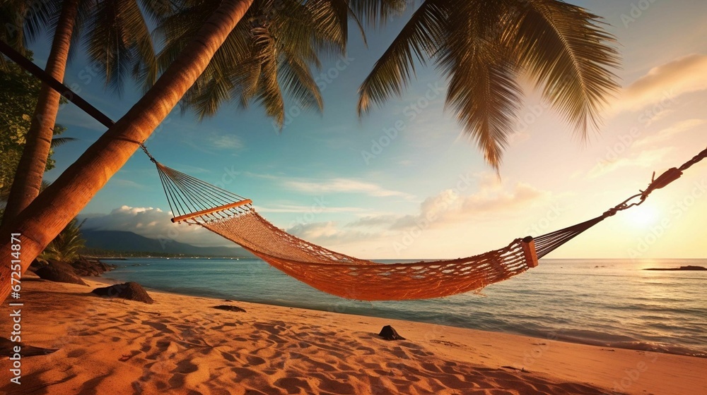 Tropical beach with a hammock and palm trees, AI-generated. - obrazy, fototapety, plakaty 