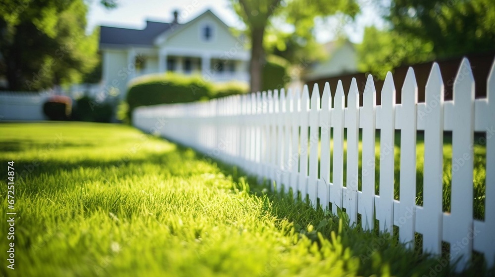 White picket fence in a lush green grassy area in the foreground of a residential home, AI-generated White picket fence in a lush green grassy area in the foreground of a residential home, AI-generated