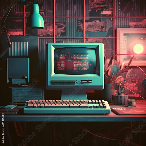 a retro computer with a screen showing on it, in the style of dark cyan and red