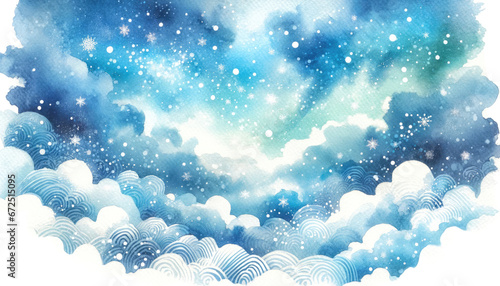 Abstract winter watercolor background with snowflakes. Christmas and New Year concept for greeting card. Generative ai.