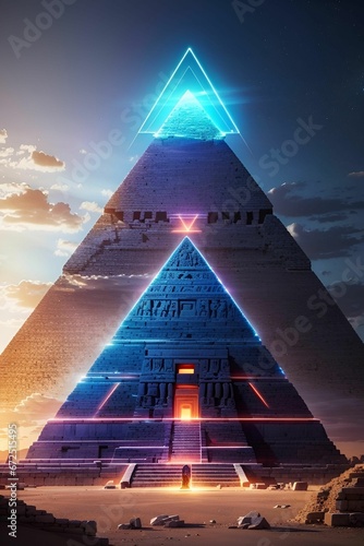 AI generated illustration of the Egyptian Pyramid at night, illuminated by vibrant neon light