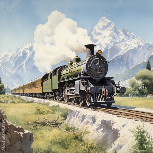 Travel by train. Vacation, mountain landscape, railway, adventure concept. The bridge across the river. flat vector web illustration