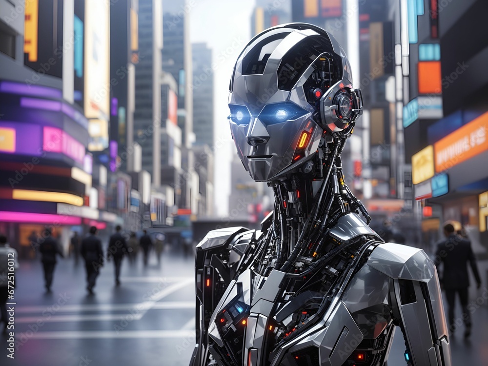 AI generated illustration of a robotic figure in a futuristic city street AI generated illustration of a robotic figure in a futuristic city street