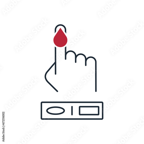 Finger and blood. Medical analysis, diagnosis . Test. Vector linear icon isolated on white background.  diabetes symbol