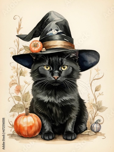 AI generated illustration of a black cat wearing a witch hat, sitting with pumpkins for Halloween