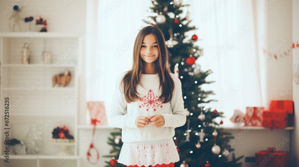 Christmas girl in the background of the Christmas tree Christmas girl in the background of the Christmas tree