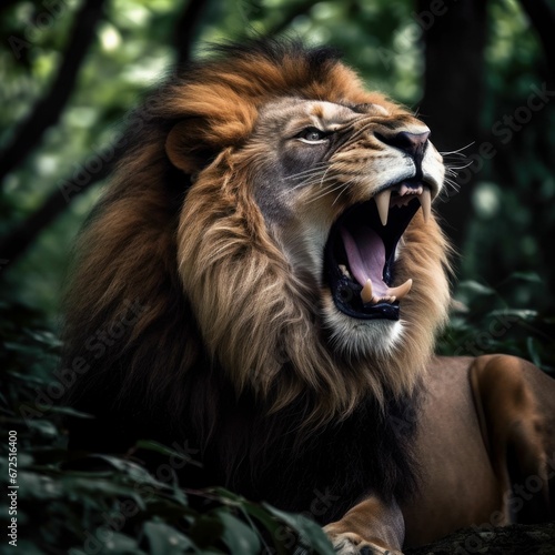 AI generated illustration of a majestic lion roaring in the forest