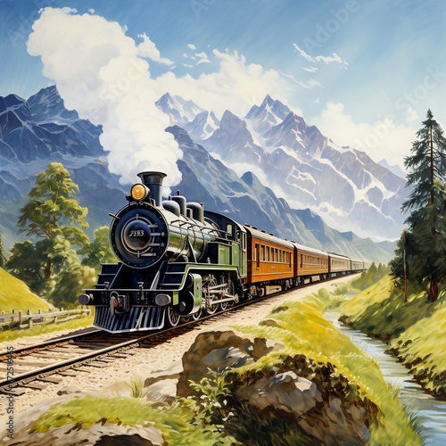 Travel by train. Vacation, mountain landscape, railway, adventure concept. The bridge across the river. flat vector web illustration