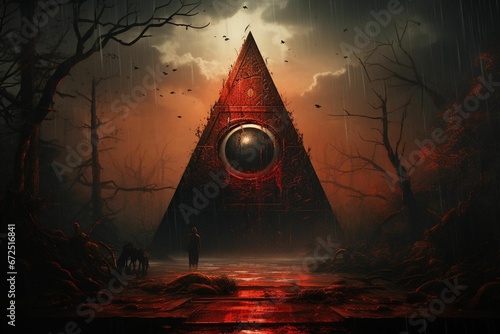 AI generated illustration of a man in front of a large pyramid with an eye at the apex
