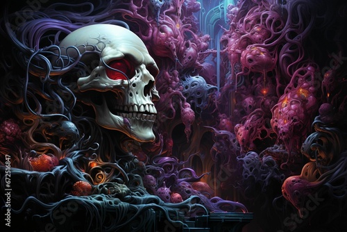 Dark and mysterious skull, against a colorful background, AI-generated.