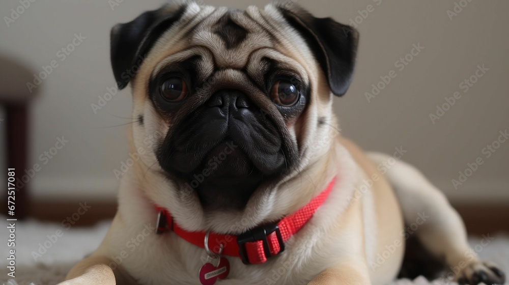 AI-generated illustration of a pug dog with a red collar.