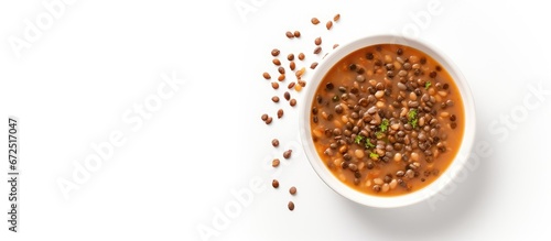 Isolated top view of a bowl of lentil soup