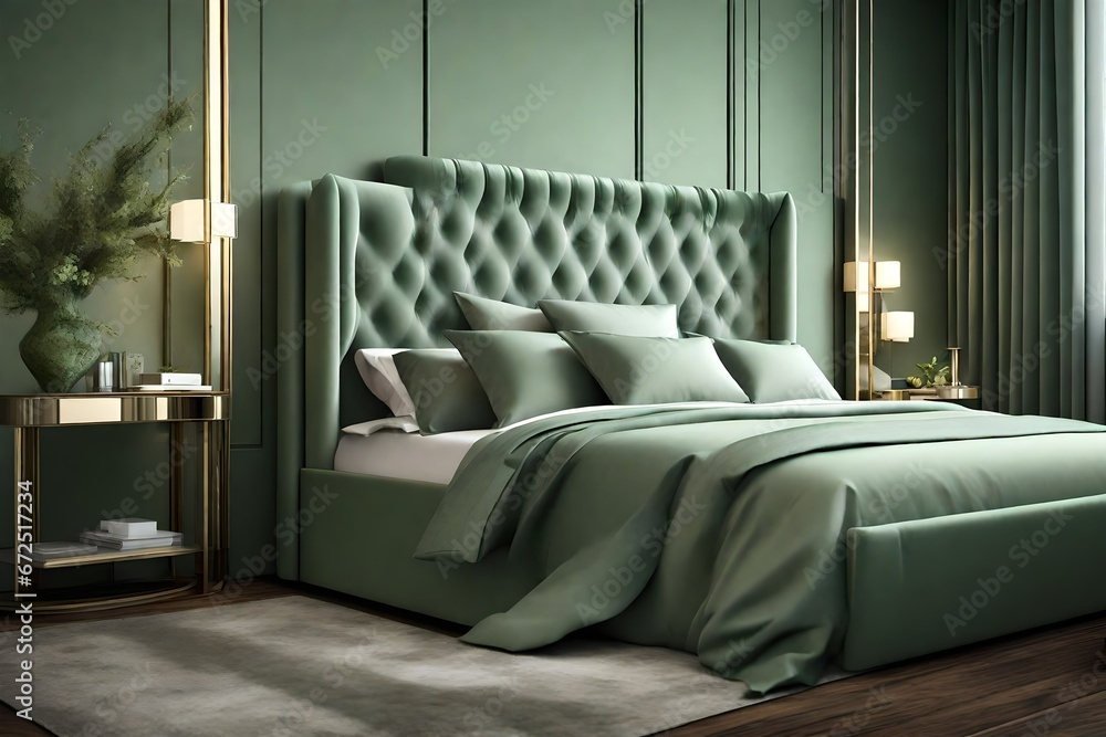 Obraz premium sage green luxury bed, side table , in the bedroom, attractive looks,